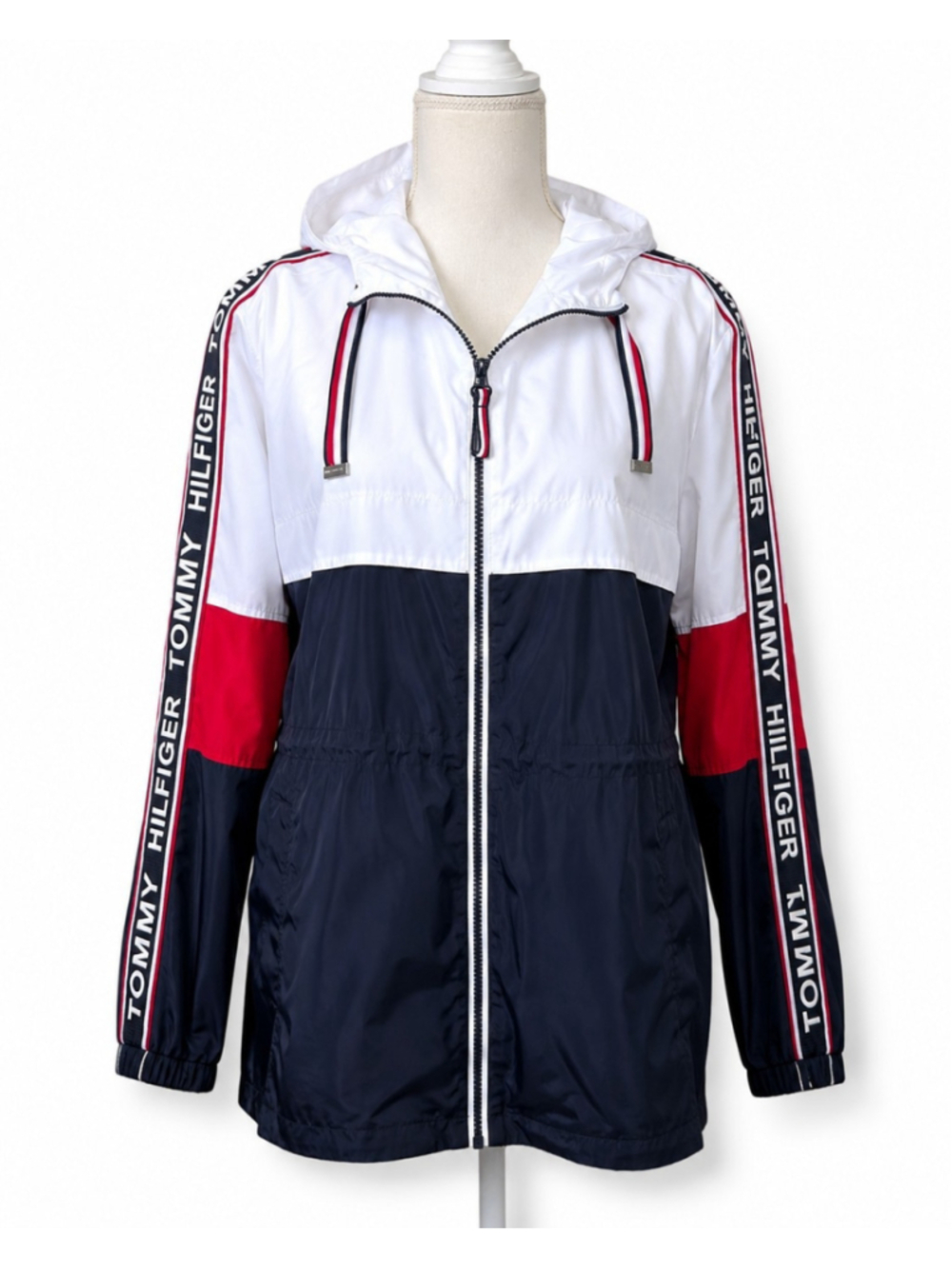 Tommy Hilfiger Hooded Windbreaker Jacket Women’s Sz S Colorblock Logo Tape Mesh